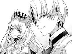 Rule 34 | 1boy, 1girl, absurdres, alfred (fire emblem), brother and sister, butterfly hair ornament, celine (fire emblem), closed mouth, crown, fire emblem, fire emblem engage, hair ornament, hand on own chest, highres, illust mi, long hair, looking at viewer, monochrome, nintendo, short hair, siblings, smile, upper body, white background, wrist bow