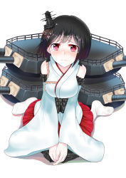Rule 34 | 10s, 1girl, bad id, bad pixiv id, bibitto, black hair, blush, breasts, collarbone, detached sleeves, female focus, hair ornament, highres, kantai collection, large breasts, long hair, looking at viewer, mecha musume, nontraditional miko, pleated skirt, red eyes, red skirt, seiza, short hair, simple background, sitting, skirt, socks, solo, tears, v arms, white background, white socks, yamashiro (kancolle)
