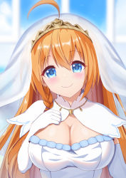 Rule 34 | 1girl, ahoge, blue eyes, blue sky, blurry, blurry background, blush, braid, bridal veil, commentary request, dress, elbow gloves, gloves, hand on own chest, highres, long hair, looking at viewer, orange hair, pecorine (princess connect!), princess connect!, princess connect!, side braid, sky, smile, solo, syurimp, tiara, upper body, veil, very long hair, wedding dress, white dress, white gloves, window