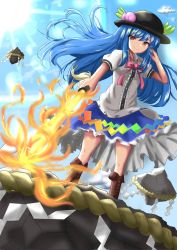 Rule 34 | 1girl, black hat, blouse, blue hair, blue skirt, blue sky, boots, bow, bowtie, brown footwear, buttons, center frills, closed mouth, food, frills, fruit, full body, hat, highres, hinanawi tenshi, holding, holding sword, holding weapon, keystone, leaf, light particles, lobstrater64, long hair, looking at viewer, mixed-language commentary, outdoors, peach, puffy short sleeves, puffy sleeves, rainbow order, red bow, red bowtie, red eyes, rope, shide, shimenawa, shirt, short sleeves, skirt, sky, smile, solo, standing, sword, sword of hisou, touhou, weapon, white shirt