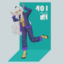 Rule 34 | 1girl, blunt bangs, boots, bow, closed mouth, copyright request, cross-laced footwear, hair bow, head tilt, highres, jacket, leaning to the side, long hair, long sleeves, looking at viewer, merri mack, pants, purple jacket, purple pants, red eyes, smile, solo, standing, standing on one leg, sweater, white hair, yellow footwear, yellow sweater