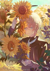 Rule 34 | 1boy, absurdres, arknights, artist name, black capelet, black shirt, blonde hair, blue eyes, capelet, chinese commentary, closed mouth, commentary request, dark halo, executor (arknights), expressionless, flower, hair between eyes, halo, highres, holding, holding flower, leaf, long sleeves, looking at viewer, male focus, nanxuexixia, necktie, outdoors, shirt, short hair, sky, solo, sunflower, upper body, white necktie, yellow flower