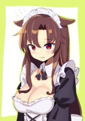 Rule 34 | 1girl, animal ears, apron, breasts, brooch, brown hair, cleavage, fang, harakune (mugennero), highres, imaizumi kagerou, jewelry, long hair, maid, maid headdress, red eyes, solo, touhou, upper body, white apron, wolf ears, wolf girl