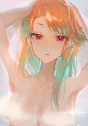 Rule 34 | 1girl, absurdres, armpits, arms behind head, breasts, collarbone, colored inner hair, completely nude, eyebrows hidden by hair, fog, green hair, highres, hololive, hololive english, looking down, medium breasts, misu (miisuuu), multicolored hair, nude, orange hair, parted lips, purple eyes, solo, sparkle, takanashi kiara, virtual youtuber, wet