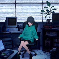 Rule 34 | 1girl, black hair, bottle, chair, closed eyes, computer, crt, desk, extension cord, facing viewer, fiji water, floppy disk, flower pot, green hoodie, headphones, highres, hood, hood down, hoodie, indoors, keyboard (computer), laptop, office chair, original, plant, potted plant, retro artstyle, router, sho (sho lwlw), short shorts, shorts, sitting, sleeping, solo, speaker, static, stereo, swivel chair, water bottle