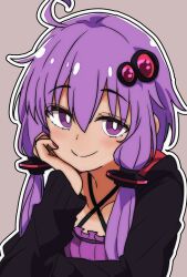 Rule 34 | 1girl, ahoge, black hoodie, black outline, blush, bright pupils, dress, grey background, hair between eyes, hair ornament, hand on own cheek, hand on own face, hood, hoodie, light blush, looking at viewer, nation1213, open clothes, open hoodie, outline, purple dress, purple eyes, purple hair, short hair with long locks, smile, solo, voiceroid, white outline, white pupils, yuzuki yukari