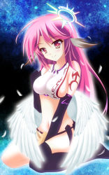 Rule 34 | 10s, 1girl, absurdres, angel wings, asymmetrical legwear, blush, breasts, spiked halo, cross, feathers, gloves, halo, highres, jibril (no game no life), karin (rei862), large breasts, long hair, looking at viewer, low wings, midori rin, midriff, multicolored hair, navel, no game no life, pink hair, sideboob, sitting, smile, solo, symbol-shaped pupils, tattoo, uneven legwear, white wings, wings, yellow eyes