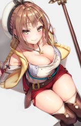 Rule 34 | 1girl, arm support, atelier (series), atelier ryza, atelier ryza 1, belt, beret, boots, breasts, brown eyes, brown footwear, brown hair, cleavage, closed mouth, collarbone, detached sleeves, from above, hair ornament, hairclip, hat, highres, jewelry, large breasts, long sleeves, looking at viewer, necklace, red shorts, reinama, reisalin stout, shadow, shirt, short hair, short shorts, shorts, sitting, smile, solo, spaghetti strap, staff, star (symbol), strap gap, thigh boots, thighhighs, thighs, tilted headwear, vest, white hat, white shirt, yellow vest