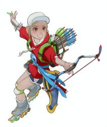 Rule 34 | 1girl, absurdres, blonde hair, boots, bow (weapon), bow scabbard, brown eyes, dolphin shorts, full body, grey footwear, hat, highres, holding, holding bow (weapon), holding weapon, inline skates, knee pads, mossacannibalis, original, outstretched arms, quiver, red shirt, roller skates, shirt, short sleeves, shorts, simple background, skates, smile, solo, spread arms, weapon, white background, white hat