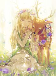 Rule 34 | 1girl, ;), animal, antlers, artist name, bad id, bad pixiv id, blonde hair, blue flower, blurry, bug, butterfly, closed eyes, closed mouth, dangmill, deer, depth of field, dress, flat chest, flower, flower necklace, frills, grass, hair flower, hair ornament, head wreath, heads together, horns, insect, jewelry, long hair, long sleeves, looking at viewer, miracle nikki, necklace, on ground, one eye closed, petting, pink flower, pink rose, purple flower, purple rose, ribbon, rose, sash, see-through, sitting, smile, solo, tree, white dress, white flower, white ribbon, white rose, yellow eyes