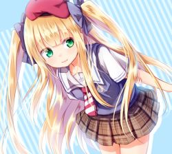 Rule 34 | 1girl, baram, black bow, blonde hair, bow, breasts, brown skirt, commentary request, eyes visible through hair, green eyes, hair bow, hat, leaning forward, long hair, looking at viewer, mononobe alice, mononobe alice (3rd costume), necktie, nijisanji, parted lips, plaid, plaid skirt, pleated skirt, short sleeves, skirt, smile, solo, two side up, very long hair, virtual youtuber