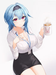 Rule 34 | 1girl, alternate costume, animal print, black skirt, blue hair, breasts, cleavage, coffee, coffee mug, collarbone, commentary request, contemporary, cup, eula (genshin impact), genshin impact, hair between eyes, hairband, hand on own chest, highres, holding, holding cup, id card, long hair, long sleeves, looking at viewer, mug, nersiyan, office lady, pencil skirt, rabbit print, shirt, shirt tucked in, sidelocks, simple background, sitting, skirt, smile, solo, steam, white background, white shirt