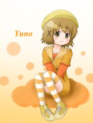 Rule 34 | 1girl, blush, blush stickers, brown eyes, brown hair, character name, collarbone, dot nose, english text, female focus, full body, hair ornament, hands between legs, hat, hidamari sketch, long sleeves, looking at viewer, medium hair, shoes, sitting, smile, sneakers, solo, striped clothes, striped thighhighs, thighhighs, x hair ornament, yuno (hidamari sketch), yunyan s