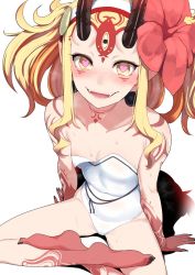Rule 34 | 1girl, bare shoulders, blonde hair, collarbone, facial mark, fate/grand order, fate (series), flower, forehead mark, hair flower, hair ornament, highres, horns, ibaraki douji (fate), ibaraki douji (fate/grand order), ibaraki douji (swimsuit lancer) (fate), ibaraki douji (swimsuit lancer) (second ascension) (fate), indian style, long hair, miyamoto issa, one-piece swimsuit, oni, oni horns, sitting, strapless, strapless one-piece swimsuit, swimsuit, twintails, two side up, white one-piece swimsuit, yellow eyes