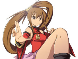 Rule 34 | 1girl, abab0813, arc system works, bare shoulders, beer can, breasts, brown eyes, brown hair, can, china dress, chinese clothes, detached sleeves, dress, drink can, fighting stance, guilty gear, hair ornament, kuradoberi jam, long hair, skirt, smile, solo, standing, standing on one leg, very long hair