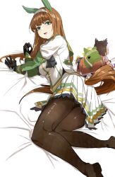 Rule 34 | 1girl, animal ears, bed sheet, black gloves, black pantyhose, breasts, brown hair, character doll, commentary request, ear covers, feet out of frame, gloves, green eyes, hairband, highres, horse ears, horse girl, horse tail, jacket, long hair, long sleeves, looking at viewer, lying, medium breasts, on side, open mouth, pantyhose, silence suzuka (umamusume), skirt, solo, special week (umamusume), tail, uki kumo, umamusume, white jacket, white skirt