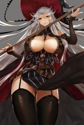 Rule 34 | 1girl, apt, bare shoulders, between breasts, black thighhighs, breasts, brown eyes, cleavage, garter straps, granblue fantasy, grey background, hair between eyes, hat, highres, holding, huge breasts, long hair, looking at viewer, magisa (granblue fantasy), pelvic curtain, silver hair, simple background, smile, solo, staff, standing, thighhighs, thighs, two-handed, very long hair, witch hat