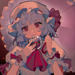 Rule 34 | 1girl, ascot, blue hair, bow, c88, closed mouth, commentary, cup, drinking glass, drinking straw, drinking straw in mouth, fang, fang out, hands up, hat, hat ribbon, highres, holding, holding cup, holding umbrella, looking at viewer, medium hair, mob cap, parasol, puffy short sleeves, puffy sleeves, red ascot, red bow, red eyes, red ribbon, remilia scarlet, ribbon, shirt, short sleeves, skin fang, solo, touhou, umbrella, upper body, white hat, white shirt, wrist cuffs