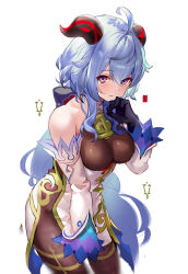 Rule 34 | 1girl, absurdres, ahoge, bare shoulders, bell, black gloves, blue hair, breasts, brown leotard, brown pantyhose, cowbell, cowboy shot, detached sleeves, ganyu (genshin impact), genshin impact, gloves, goat horns, gold trim, groin, hand up, highres, horns, leotard, long hair, long sleeves, looking at viewer, low ponytail, medium breasts, pantyhose, pelvic curtain, purple eyes, rota (078), simple background, smile, solo, white background
