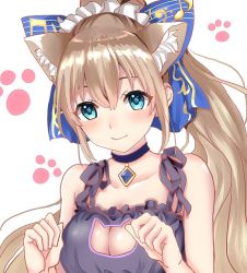 Rule 34 | 1girl, animal ears, blonde hair, blue bow, blue eyes, blush, bow, bra, breasts, cat cutout, cat day, cat ears, cat lingerie, choker, cleavage, cleavage cutout, closed mouth, clothing cutout, artistic error, frilled bra, frills, hair between eyes, hair bow, hamu (plot sy), hands up, light smile, lingerie, long hair, looking at viewer, medium breasts, meme attire, paw print, paw print background, ponytail, sheet music, shironeko project, smile, solo, underwear, very long hair