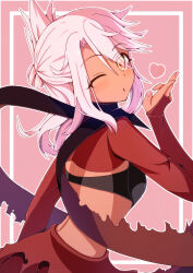 Rule 34 | 1girl, ;o, absurdres, asymmetrical hair, back, black bra, blowing kiss, bra, breasts, bridal gauntlets, cape, chloe von einzbern, commentary request, dark-skinned female, dark skin, fate/kaleid liner prisma illya, fate (series), fingernails, folded ponytail, from behind, hair bun, hand up, heart, highres, inset border, long hair, looking at viewer, looking back, medium breasts, one eye closed, parted lips, peisuto, pink background, pink hair, red cape, sidelocks, simple background, single hair bun, small breasts, solo, torn cape, torn clothes, underwear, upper body, waist cape, yellow eyes