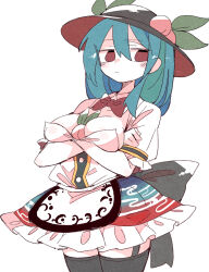 Rule 34 | 1girl, black hat, black thighhighs, blue hair, blue skirt, blush, breasts, buttons, closed mouth, collared shirt, cowboy shot, frilled skirt, frills, fruit hat ornament, hair between eyes, hat, hat ornament, highres, hinanawi tenshi, large breasts, long hair, massakasama, peach hat ornament, red eyes, shirt, short sleeves, simple background, skirt, solo, thighhighs, touhou, white background, white shirt