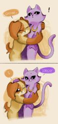 Rule 34 | !, 2boys, :&lt;, :3, absurdres, animal ears, black sclera, blush, cat boy, cat ears, cat tail, catnap, closed eyes, closed mouth, colored sclera, comic, commentary request, cowboy shot, dark orange fur, dark purple fur, dog boy, dog ears, dog tail, dogday, happy, highres, hug, looking at another, male focus, moon (ornament), multicolored fur, multiple boys, orange fur, poppy playtime, purple fur, smile, smiling critters, speech bubble, spoken exclamation mark, standing, sun (ornament), sun symbol, surprise hug, surprised, tagme, tail, tail raised, tail wagging, talking, white eyes