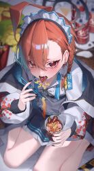 Rule 34 | 1girl, absurdres, ahoge, apron, blue archive, braid, can, chili pepper, chips (food), coca-cola, cup ramen, drink can, earrings, fangs, food, from above, g5 (g5 gugu), highres, jacket, jewelry, kneeling, looking at viewer, looking up, maid headdress, mole, mole under eye, neru (blue archive), noodles, open clothes, open jacket, open mouth, orange hair, potato chips, ramen, red eyes, shirt, single braid, soda can, solo, stud earrings, tongue, tongue out, waist apron, white shirt