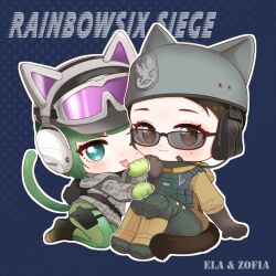 Rule 34 | 2girls, absurdres, animal hands, arknights, baseball cap, black gloves, blue background, blue eyes, blush, boots, brown eyes, brown footwear, brown hair, brown jacket, camouflage, camouflage jacket, cat tail, character name, chibi, closed mouth, commentary request, copyright name, ear protection, ela (rainbow six siege), elbow gloves, gloves, goggles, goggles on headwear, green gloves, green hair, green pantyhose, grey hat, grey jacket, hairtail, hat, headset, helmet, highres, hood, hood down, hooded jacket, jacket, knee pads, knees up, looking at viewer, multiple girls, outline, pantyhose, paw gloves, polka dot, polka dot background, rainbow six siege, simple background, sitting, smile, sunglasses, swept bangs, tail, tongue, tongue out, white outline, zofia (rainbow six siege)