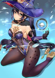 Rule 34 | 1girl, absurdres, agetama, aqua eyes, bare shoulders, black gloves, black hair, blue hat, blue leotard, bodystocking, breasts, cleavage, covered navel, detached sleeves, elbow gloves, fur collar, genshin impact, gloves, hat, high heels, highres, kneeling, leotard, long hair, looking at viewer, medium breasts, mona (genshin impact), solo, thighs, twintails, witch hat