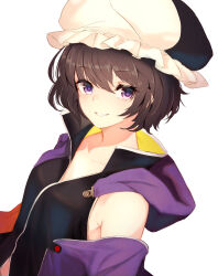 Rule 34 | 1other, absurdres, androgynous, armpit crease, black hair, black hat, black shirt, commentary request, detached hood, frilled hat, frills, hat, highres, hood, hood down, jacket, len&#039;en, looking at viewer, lumo 1121, open clothes, open jacket, other focus, purple eyes, purple hood, purple jacket, shirt, shitodo kuroji, short hair, simple background, sleeveless, sleeveless shirt, smile, solo, white background