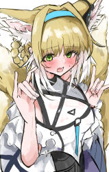 1girl animal_ear_fluff animal_ears arknights blonde_hair blue_hairband blush braid double_v fox_ears fox_girl fox_tail frills green_eyes hair_rings hairband highres holding kitsune long_hair looking_at_viewer multicolored_hair multiple_tails shirt smile solo sunaneko suzuran_(arknights) tail v white_hair