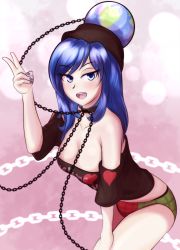 Rule 34 | 1girl, bad id, bad pixiv id, bare shoulders, blue eyes, blue hair, blue nails, breasts, cafeier, chain, choker, cleavage, cowboy shot, earth (ornament), hand on thigh, hecatia lapislazuli, hecatia lapislazuli (earth), highres, large breasts, leaning forward, long hair, looking at viewer, multicolored clothes, multicolored panties, nail polish, no pants, off-shoulder shirt, off shoulder, open mouth, panties, shirt, solo, touhou, underwear, v