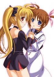 Rule 34 | 00s, 2girls, aoi masami, bad id, bad pixiv id, blonde hair, blue eyes, blush, brown hair, choker, fate testarossa, from behind, holding hands, long hair, looking at viewer, looking back, lyrical nanoha, mahou shoujo lyrical nanoha, multiple girls, red eyes, school uniform, short twintails, takamachi nanoha, twintails