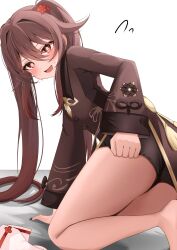 Rule 34 | 1girl, black nails, black shorts, blush, brown coat, brown eyes, brown hair, coat, commentary request, flower-shaped pupils, genshin impact, highres, hu tao (genshin impact), komor yuki, long hair, long sleeves, looking at viewer, looking back, nail polish, open mouth, short shorts, shorts, solo, symbol-shaped pupils, twintails, very long hair, white background