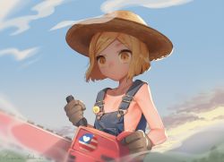 Rule 34 | 1girl, american flag, american flag print, bad id, bad pixiv id, badge, blonde hair, blue sky, chainsaw, commentary, fate/grand order, fate (series), flag print, gloves, hat, holding, holding weapon, naked overalls, outdoors, overalls, paul bunyan (fate), paul bunyan (third ascension) (fate), short hair, sky, smiley face, solo, straw hat, sugata keburu, upper body, weapon, yellow eyes