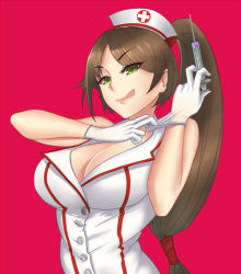 Rule 34 | 1girl, :q, adjusting clothes, adjusting gloves, akali, akali (legacy), bad id, bad pixiv id, bare shoulders, breasts, brown hair, cleavage, gloves, green eyes, hat, large breasts, latex, latex gloves, league of legends, long hair, looking at viewer, low-tied long hair, nurse, nurse akali, nurse cap, ponytail, smile, solo, syringe, tongue, tongue out, upper body, v-shaped eyebrows, vanquice, white gloves
