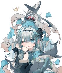 Rule 34 | 1girl, absurdres, arm support, black bow, black coat, black shirt, blob, blue eyes, bow, character request, cloud, coat, collared shirt, copyright request, crown, fang, fish, flower, flying fish, grey hair, hair bow, hair intakes, hair ornament, hair ribbon, hairpin, head on hand, highres, light blush, long hair, long sleeves, looking at viewer, maegami (daisuki oekaki1), multiple hair bows, notice lines, one eye closed, open mouth, orca, ribbon, shirt, simple background, skin fang, solo, striped clothes, striped shirt, teeth, tilted headwear, upper body, watch, whale, white background, white shirt, wristwatch