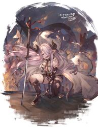 Rule 34 | 1girl, asymmetrical gloves, ayacho, braid, breasts, demon horns, draph, gloves, granblue fantasy, granblue fantasy versus, hair over one eye, highres, horns, injury, katana, large breasts, light purple hair, narmaya (granblue fantasy), pointy ears, scratch, single braid, single thighhigh, sword, thigh strap, thighhighs, torn boots, torn clothes, uneven gloves, weapon
