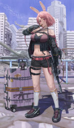 Rule 34 | 1girl, absurdres, animal ears, bare shoulders, black footwear, black gloves, black jacket, black shorts, breasts, commentary, commission, english commentary, fingerless gloves, full body, gloves, gun, highres, jacket, kneehighs, large breasts, long sleeves, looking at viewer, navel, off shoulder, original, outdoors, parted lips, pink eyes, pink hair, pouch, rabbit ears, short hair, short shorts, shorts, silvertsuki, socks, solo, thigh pouch, thigh strap, thighs, weapon, white socks