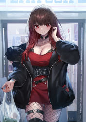 Rule 34 | 1girl, bag, belt, black bra, blurry, blurry background, blush, bra, bra peek, breasts, brown hair, choker, cleavage, closed mouth, collarbone, convenience store, dress, fingernails, fishnets, hand up, heirou, highres, holding, holding bag, large breasts, lawson, long hair, looking at viewer, multicolored hair, original, outdoors, plastic bag, red dress, red eyes, shop, smile, solo, standing, tattoo, two-tone hair, underwear