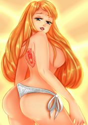 Rule 34 | 1girl, artist request, ass, back tattoo, blonde hair, blue eyes, breasts, escanor, facing viewer, gender request, genderswap, genderswap (mtf), hair over breasts, half-closed eyes, happy, highres, large breasts, lion, lion print, long hair, looking at viewer, looking over shoulder, nanatsu no taizai, panties, panties only, parted lips, seven deadly sins, side-tie panties, smile, solo, standing, tagme, tattoo, teeth, topless, underwear, white panties
