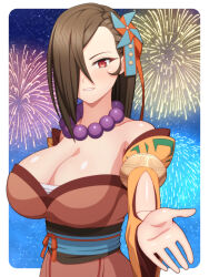 Rule 34 | 1girl, bare shoulders, bead necklace, beads, blush, breasts, brown eyes, brown hair, cleavage, commentary, commission, detached sleeves, english commentary, fire emblem, fire emblem fates, fire emblem heroes, fireworks, hair over one eye, highres, ibushi (oath), japanese clothes, jewelry, kagero (fire emblem), kagero (winds offered) (fire emblem), kimono, large breasts, leather strap, long hair, looking at viewer, mixed-language commentary, necklace, night, night sky, ninja, nintendo, official alternate costume, open mouth, pinwheel hair ornament, ponytail, reaching, reaching towards viewer, short kimono, simple background, skeb commission, sky, smile, solo, star (sky), starry sky, upper body