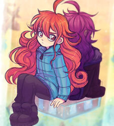 2girls ahoge back badeline blue_jacket celeste_(video_game) coat dark_persona dual_persona jacket linterteatime long_hair long_sleeves looking_at_viewer madeline_(celeste) multiple_girls orange_hair pants purple_hair red_eyes red_hair winter_clothes winter_coat