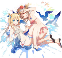 Rule 34 | 2girls, arm up, ass, babydoll, bikini, bird, blonde hair, blue eyes, bow, breasts, brown hair, collarbone, flower, fre (haochilanzuo), full body, grey bikini, hair between eyes, hair bow, hair flower, hair ornament, hand up, hibiscus, holding hands, interlocked fingers, kai-ri-sei million arthur, long hair, looking at viewer, million arthur (series), multiple girls, official art, parted lips, pink bikini, red eyes, sandals, short hair, sidelocks, small breasts, striped bikini, striped clothes, swimsuit, thigh strap, thighs, twintails