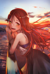 Rule 34 | 1girl, :d, against railing, bare shoulders, black dress, blue bra, blush, bra, city, cloud, commentary, dress, earrings, evening, from side, grin, hair between eyes, hand on own face, highres, jewelry, leaning forward, long hair, looking at viewer, love live!, love live! school idol project, love live! sunshine!!, open mouth, outdoors, pink lips, railing, red hair, sakurauchi riko, smile, solo, standing, sun, sunga2usagi, tongue, underwear, water, yellow eyes