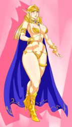 Rule 34 | 1girl, armlet, armor, artist request, bikini armor, blonde hair, blue eyes, boots, bracelet, breasts, cape, chaos breaker, collar, elf, fina (chaos breaker), helmet, high heel boots, high heels, jewelry, large breasts, long hair, long pointy ears, lots of jewelry, panties, pointy ears, revealing clothes, shoulder pads, solo, standing, thigh strap, thong, underwear, wide hips