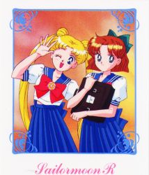 Rule 34 | 1990s (style), 2girls, bishoujo senshi sailor moon, bow, friends, hair bow, multiple girls, official art, oosaka naru, retro artstyle, tsukino usagi, v, wink