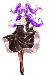 Rule 34 | 1girl, areola slip, breasts, brown eyes, cleavage, female focus, glasses, highres, kobayashi tetsuya, large areolae, large breasts, long hair, mary janes, purple hair, shoes, simple background, skirt, smile, solo, standing, thighhighs, twintails, white background