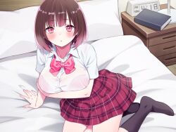 Rule 34 | 1girl, alarm clock, arm support, arm under breasts, black socks, blush, bow, bowtie, bra visible through clothes, breasts, brown hair, clock, collared shirt, commentary request, cropped legs, kunikune, large breasts, looking at viewer, on bed, open mouth, original, pillow, pink bow, pink bowtie, pink eyes, plaid, plaid skirt, pleated skirt, red skirt, shirt, short hair, sitting, skirt, socks, solo, white shirt, yokozuwari